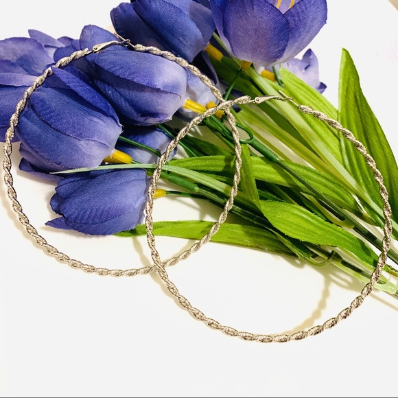 Silver Twisted Wave big Circle Hoops earring - Picture 9 of 10